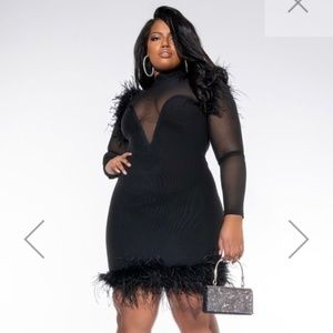 Black Bandage Mesh Dress with Feathers
